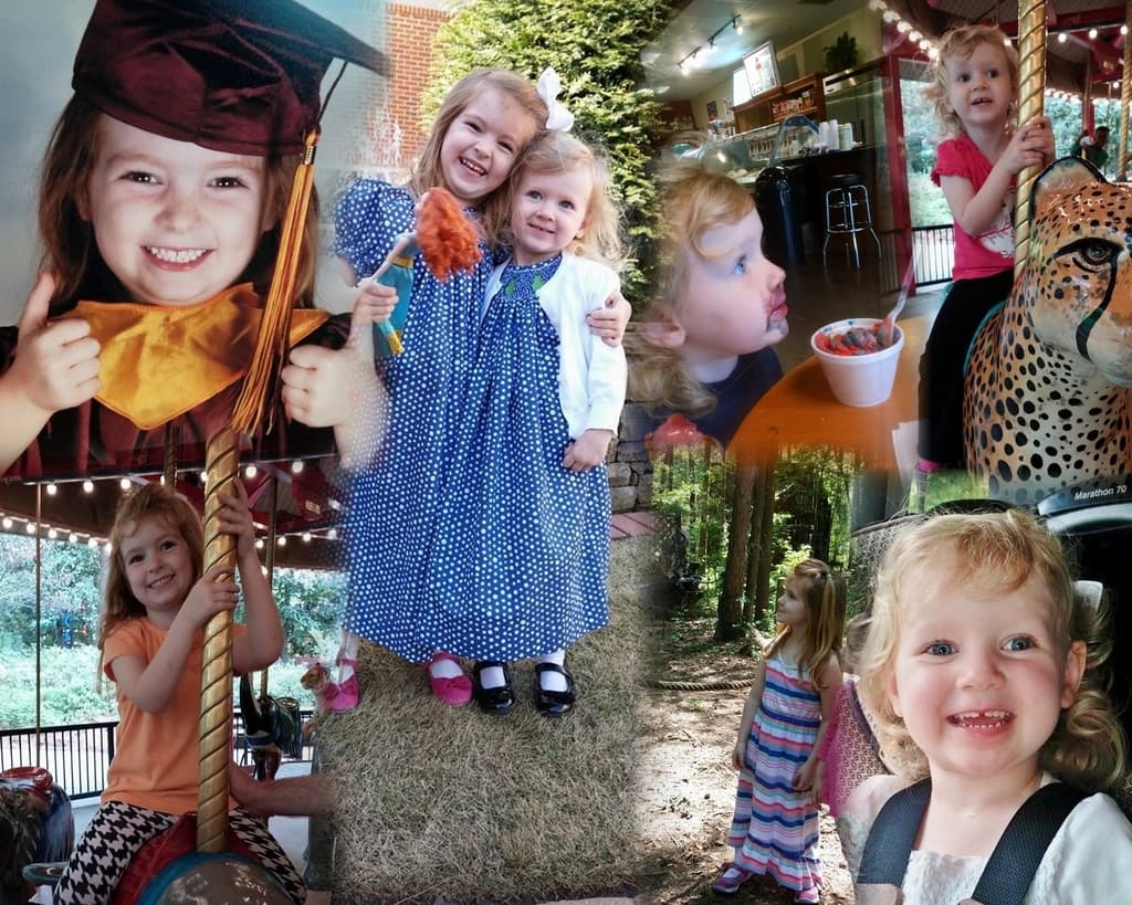 Ein Collage mit Vergnügungsparkfahrten, einem Tisch mit Lebensmitteln einschließlich einer Tasse und Löffel, verschiedenen Gegenständen, Lichtern, einer Wand, Büschen, Bäumen, Gras, einem Seil und einem Hut.