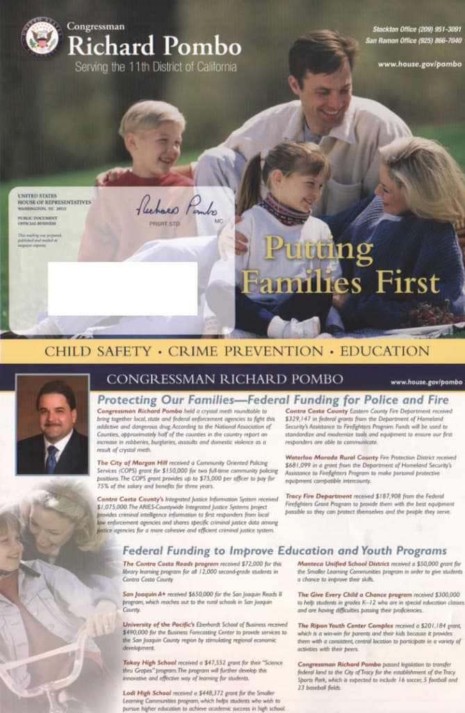 Ein Prospekt mit verschiedenen Fotos, Text, einem Logo, einer Signatur und Zahlen.