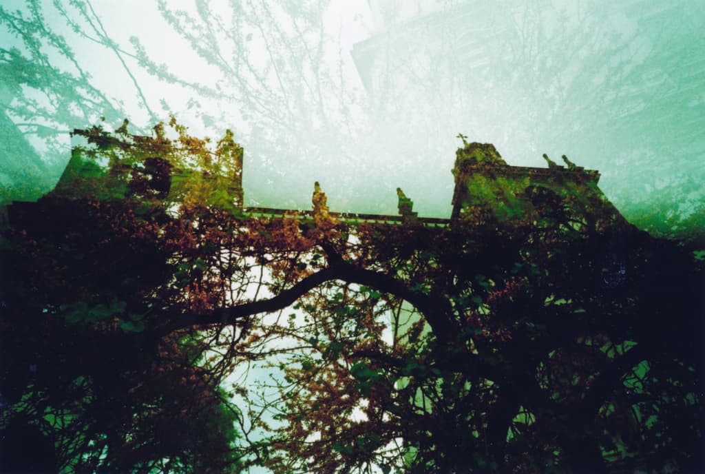 Bäume und eine historische Konstruktion mit einer Brücke.