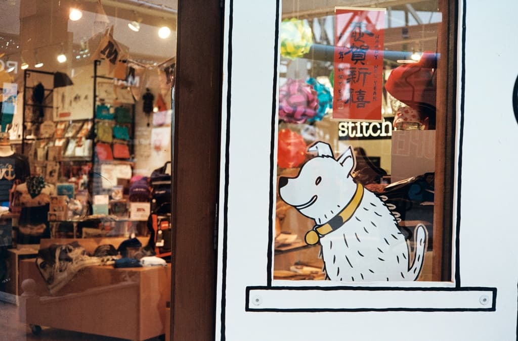 Eine Abbildung eines Hundes mit Text auf der rechten Seite und auf der linken Seite ein Raum mit Lichtern, Fahnen, Regalen, Sofas, Kleidung, Dekorationen, Menschen, Stühlen und verschiedenen anderen Gegenständen.