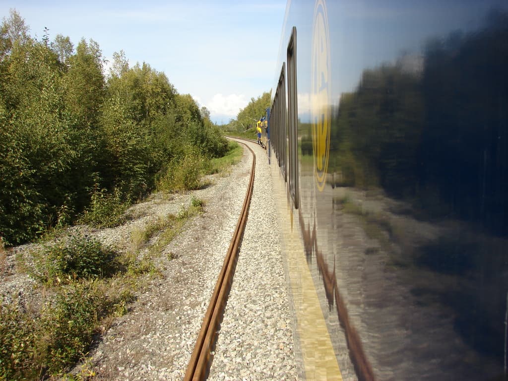 Ein Zug auf der rechten Seite, Bäume auf der linken Seite und Himmel oben.
