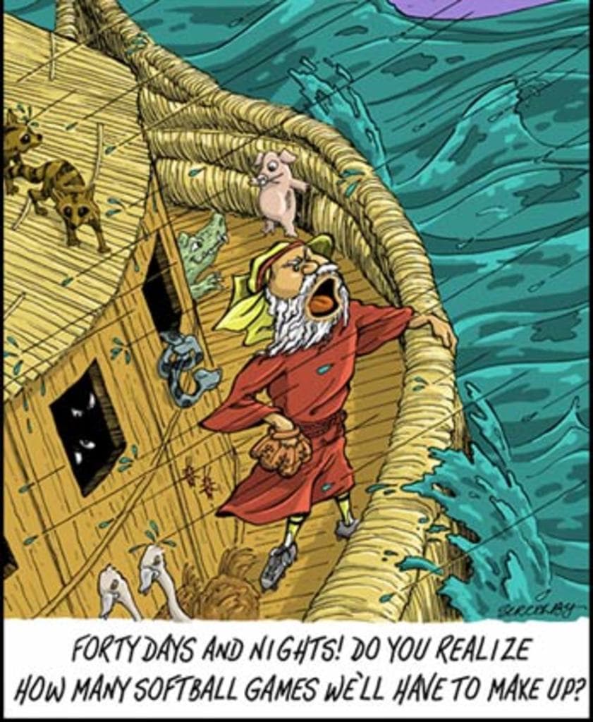 Eine Karikatur einer Person in einem roten Kleid, die in einem gelben Boot mit Tieren auf dem Wasser steht, mit Text.