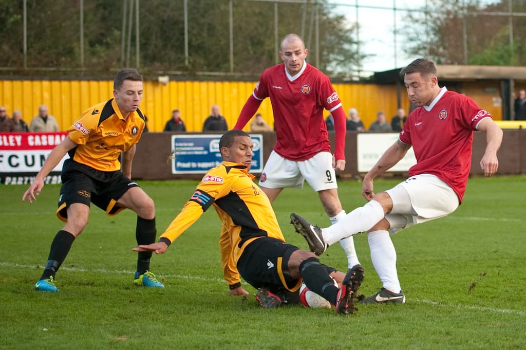 Spieler in blauen und roten Uniformen konkurrieren auf einem Rasenfeld mit einem Ball, während Zuschauer außerhalb des Spielfelds stehen und sie anfeuern, mit einem Baum und Himmel im Hintergrund.