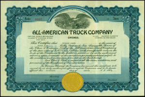 Ein Aktienzertifikat einer US-amerikanischen Lkw-Firma mit schwarzem Rand und goldenem Siegel in der Mitte, das Text enthält, der die Informationen des Unternehmens angibt.