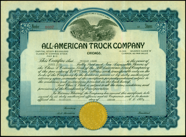 Ein Aktienzertifikat einer US-amerikanischen Lkw-Firma mit schwarzem Rand und goldenem Siegel in der Mitte, das Text enthält, der die Informationen des Unternehmens angibt.
