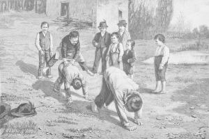 Schwarz-weißes Bild von Kindern auf einem Feld, mit zwei kämpfenden Jungen in der Mitte und anderen Zuschauern, einem Hut und Text auf der linken Seite.