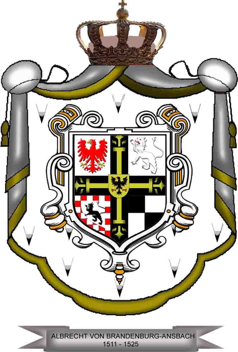 Wappen von Brandenburg-Ansbach mit gekröntem Schild, einem steigenden Löwen links, einem Balken rechts und der Schrift 'Brandenburg' darunter.