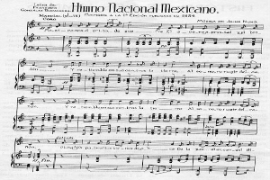 Ein Notenblatt mit der Überschrift "Himno Nacional Mexicano" in fetter schwarzer Schrift auf einem weißen Hintergrund, das musikalische Noten und Symbole in traditionellem mexikanischem Stil mit einem Violinschlüssel, Bassschlüssel und einem 4/4-Takt enthält, eingerahmt von einem schmalen schwarzen Rand.