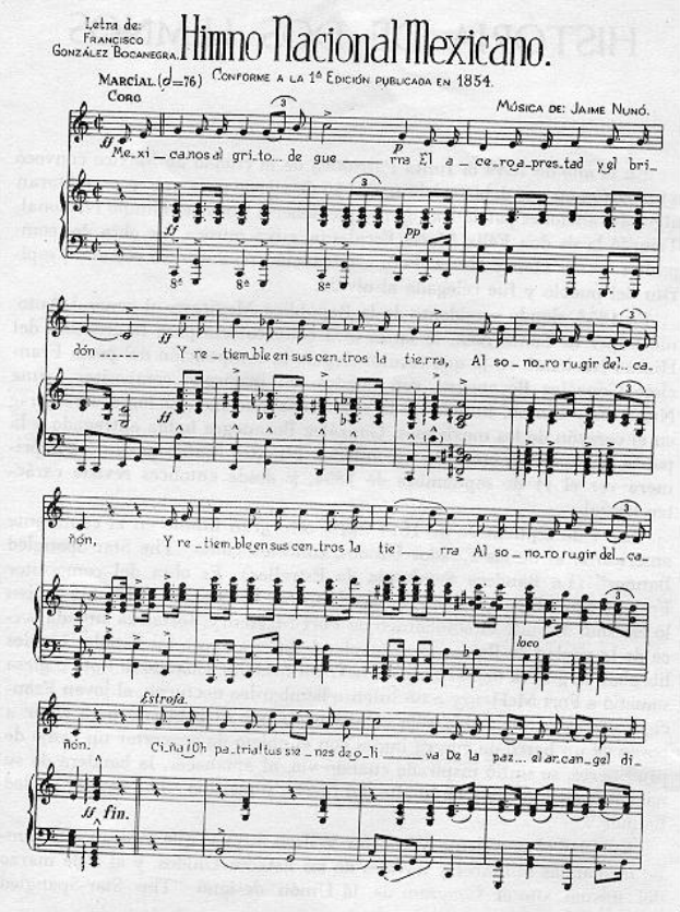 Ein Notenblatt mit der Überschrift "Himno Nacional Mexicano" in fetter schwarzer Schrift auf einem weißen Hintergrund, das musikalische Noten und Symbole in traditionellem mexikanischem Stil mit einem Violinschlüssel, Bassschlüssel und einem 4/4-Takt enthält, eingerahmt von einem schmalen schwarzen Rand.