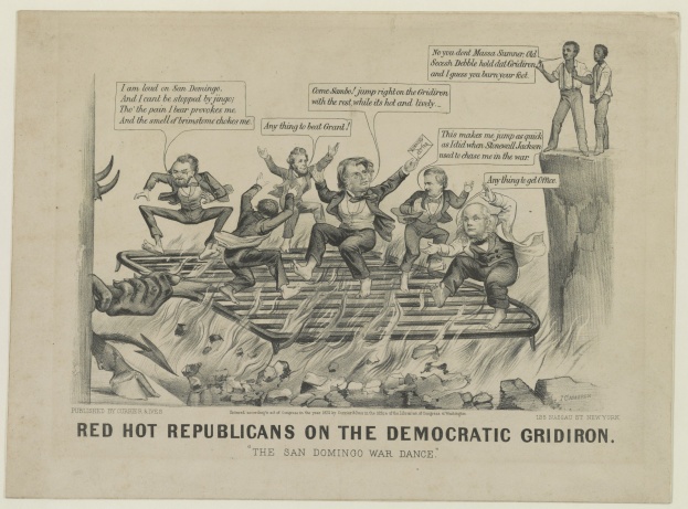 Ein Blatt Papier mit einer Zeichnung von aufgeregten roten heißen Republikanern auf einem demokratischen Gridiron, mit fetter schwarzer Schrift, die die Dringlichkeit der Situation betont.