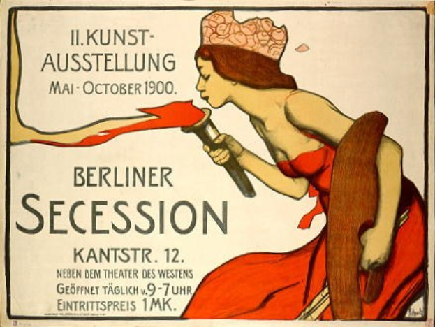 Plakat aus dem Jahr 1900, das eine Berliner Sezession ankündigt und eine Frau in rotem Kleid zeigt, die ein Objekt mit Text hält.