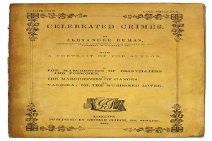 Ein altes Buch namens "Berühmte Verbrechen" von Alexandre Dumas, mit einem Porträt des Autors und kunstvollen Verzierungen auf dem Cover.