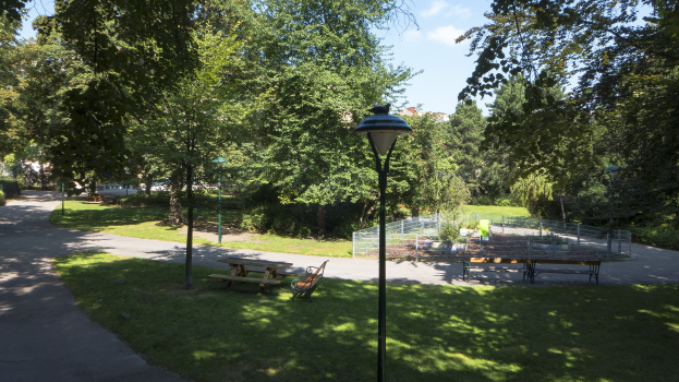 Ein Park mit einer Straße auf der linken Seite, Gras, Bänken, einem Laternenmast, einem Zaun, Pflanzen, Bäumen, einer Picknick-Tafel umgeben von Bäumen und einem bewölkten Himmel im Hintergrund.