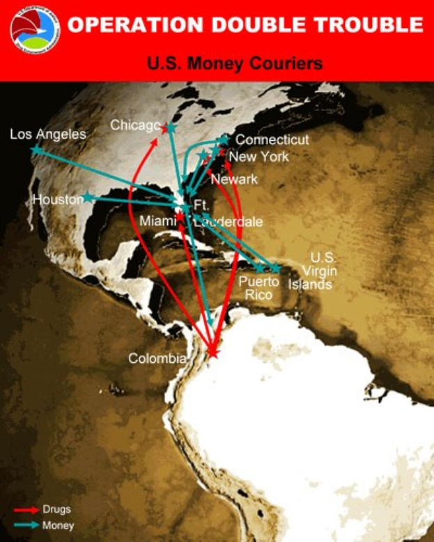 Plakat mit dem Titel "Operation Double Trouble: US-Geldkurier" mit einer Karte der USA, die in zwei Abschnitte unterteilt ist, einer für die Routen der Geldkurier und einer für die Standorte der Geldkurier, mit fetter schwarzer Schrift auf einem weißen Rand.