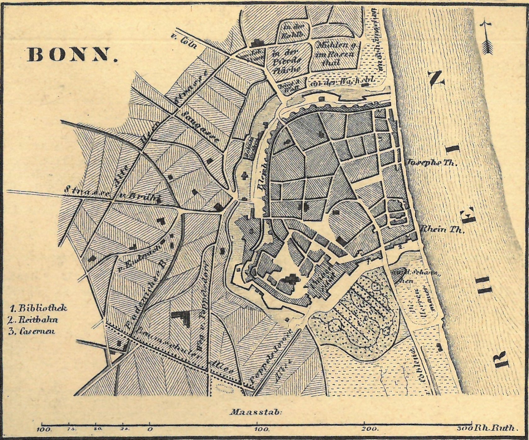 Detailiertes altes Stadtplan von Bonn, Deutschland, zeigt Straßen, Gebäude und Sehenswürdigkeiten mit sichtbarem Text.