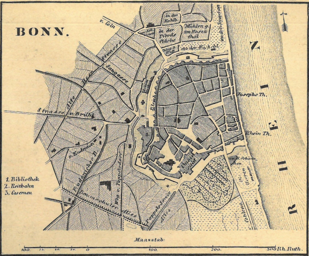 Detailiertes altes Stadtplan von Bonn, Deutschland, zeigt Straßen, Gebäude und Sehenswürdigkeiten mit sichtbarem Text.