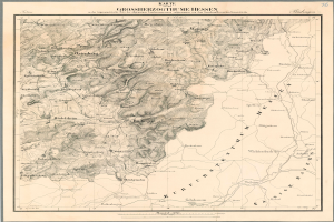 Eine alte Karte von Grossherzogthüme Hessen, Deutschland, mit einem schwarzen Rand, in einem Foto Rahmen angezeigt.