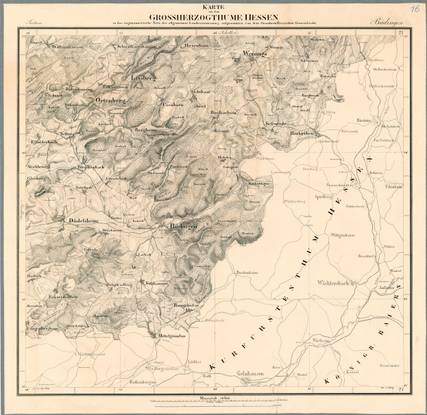 Eine alte Karte von Grossherzogthüme Hessen, Deutschland, mit einem schwarzen Rand, in einem Foto Rahmen angezeigt.