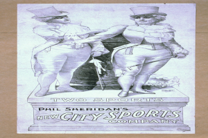 Plakat für die neue Sportstadt GmbH von Phil Sheridan mit zwei Personen nebeneinander und Text, der das Unternehmen beschreibt.