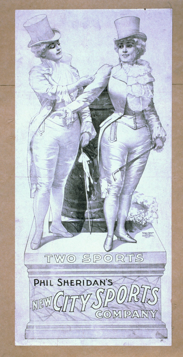 Plakat für die neue Sportstadt GmbH von Phil Sheridan mit zwei Personen nebeneinander und Text, der das Unternehmen beschreibt.