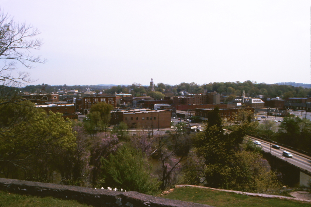 A cityscape featuring buildings, trees, poles, roads, vehicles, and a sky.