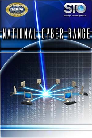 Plakat mit "National Cyber Range" in fetter weißer Schrift auf einem blauen Hintergrund, das eine Weltkugel mit mehreren daran angeschlossenen Computern zeigt.
