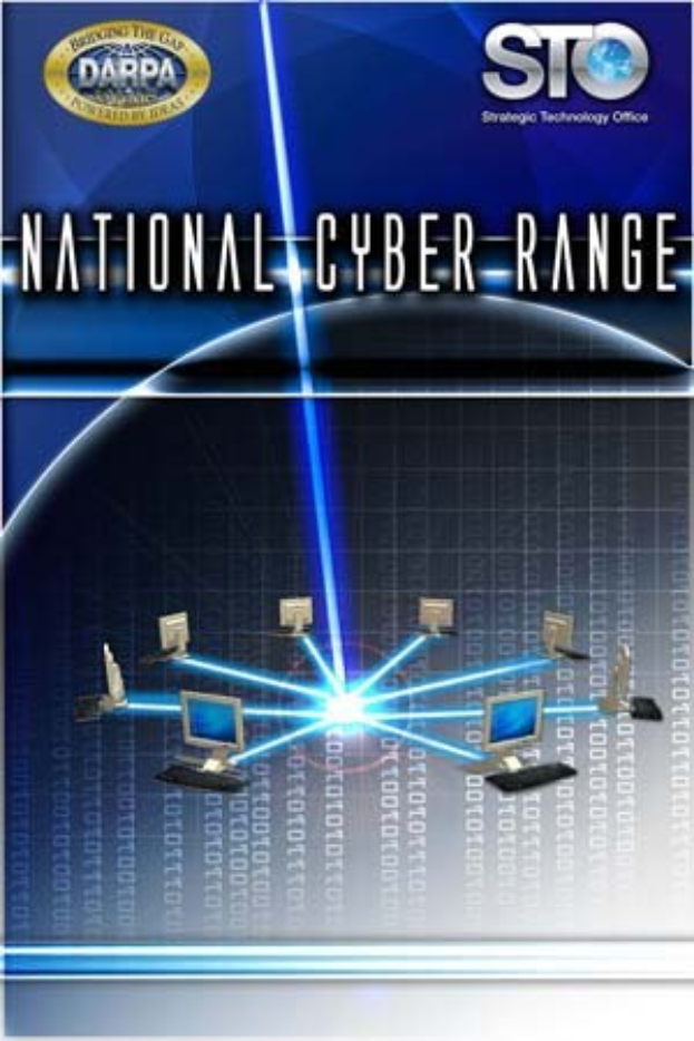 Plakat mit "National Cyber Range" in fetter weißer Schrift auf einem blauen Hintergrund, das eine Weltkugel mit mehreren daran angeschlossenen Computern zeigt.