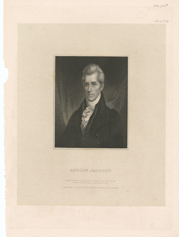 Schwarzes und weißes Porträt von Andrew Jackson, dem ersten US-Präsidenten, in einem Anzug mit ernstem Gesichtsausdruck, mit Text unten.