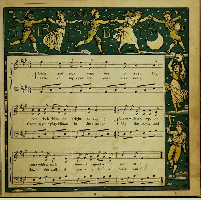 Ein Blatt mit einem Bild von Kindern, die fröhlich in bunten Kleidern tanzen, begleitet von einer Notenblätter mit der Überschrift "Jungen und Mädchen".