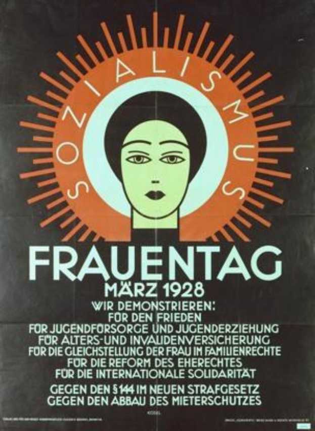 Plakat für die Internationale Solidaritätsbewegung von 1928 mit dem Wort 'Frauentag' in fetter schwarzer Schrift über einem Frauenkopf.
