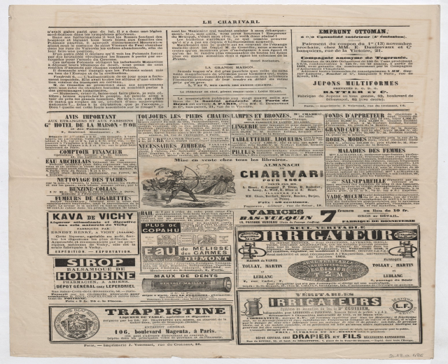 Alte Zeitung mit mehreren Anzeigen mit Text und Bildern.