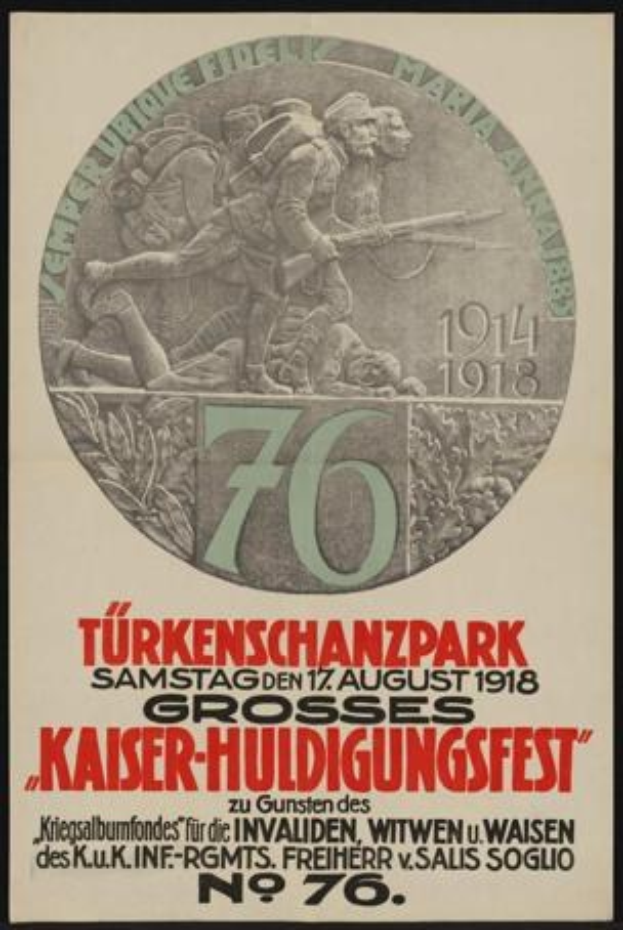 Ein gerahmtes Plakat zum 70. Jubiläum des Kaiser-Huldigungsfestes in Berlin, Deutschland, mit einer Gruppe von Menschen in der Mitte und umgeben von Text und Zahlen.