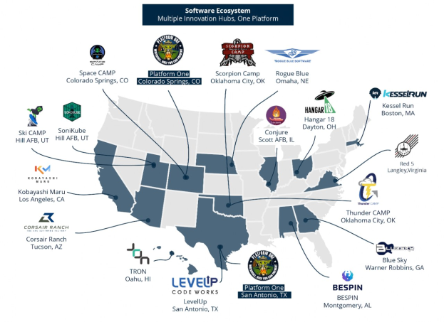 Eine Karte der Vereinigten Staaten, auf der Unternehmenslogos und Text die Standorte des Software-├Âkosystems angeben.
