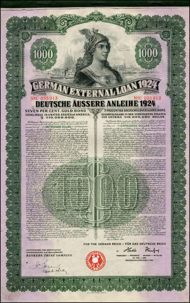 Deutsches Auslandsanleihe-Zertifikat von 1924 mit einer Frauendarstellung, mit gedrucktem Text und numerischer Benennung.
