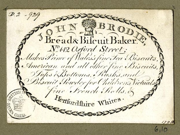 Alte Visitenkarte für John Brodie Bread & Biscuit Baker mit Text über das Angebot der Bäckerei.