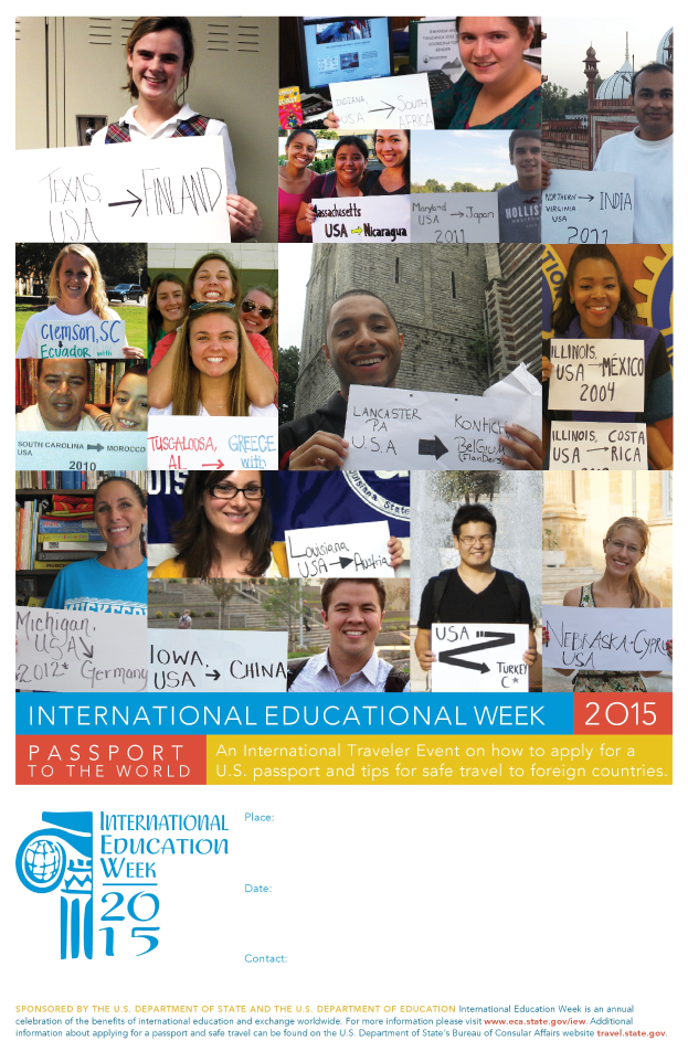 Ein Plakat für die Internationale Bildungswoche 2015 mit einer Gruppe strahlender Menschen, die Schilder halten, mit Text, der Informationen zum Event enthält.