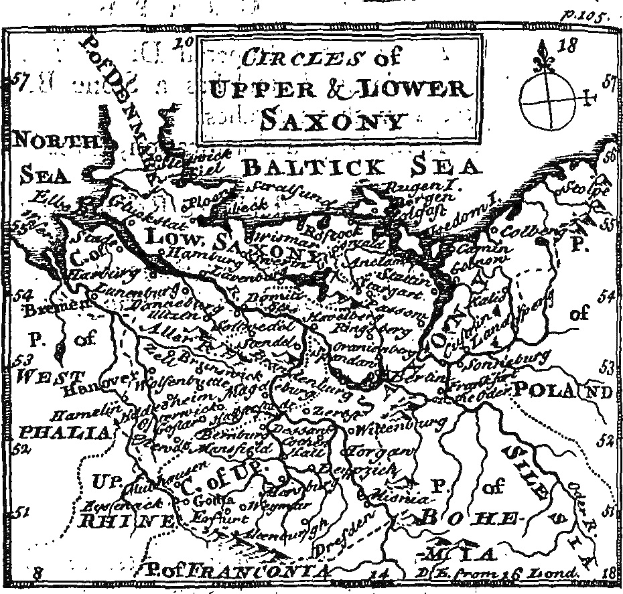 Schwarz-weiß-Karte von Ober- und Niedersachsen, die geographische Merkmale wie Flüsse, Berge und Städte zeigt, mit beschreibenden TextAnnotation.