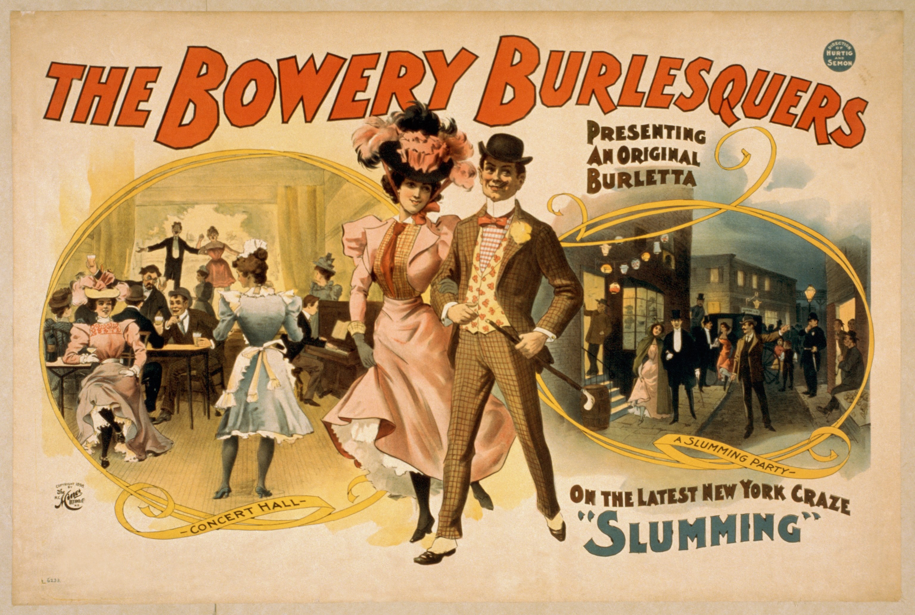 Plakat für "The Bowery Burlesquers" mit einer Gruppe von Tänzerinnen vor Gebäuden, mit Text zur Beschreibung des Events.