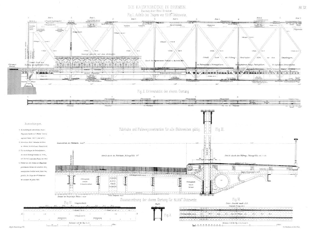 Ein detailliertes Drawing einer Brücke, beschriftet mit "Kaiserbrücke in Bremen", begleitet von Text auf demselben Papier.