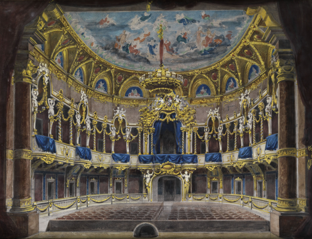 Ein Gemälde eines Theaterinneren mit einer prächtigen, kunstvoll verzierten Decke, verzierten Wänden mit Säulen, Geländern und Vorhängen und einem Teppichboden, gekrönt von einem zusätzlichen Gemälde.