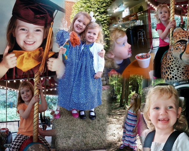 Ein Collage-Bild mit Vergnügungsparkfahrten, einem Tisch mit Lebensmitteln, Besteck und verschiedenen Gegenständen vor einem Hintergrund aus Grünpflanzen, Lichtern und einer Wand.