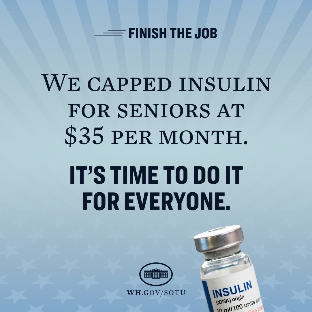 Plakat mit einem Insulinfläschchen und dem Text "Wir haben Insulin für Senioren auf 35 Dollar pro Monat gedeckelt. Es ist Zeit, das für alle zu tun."