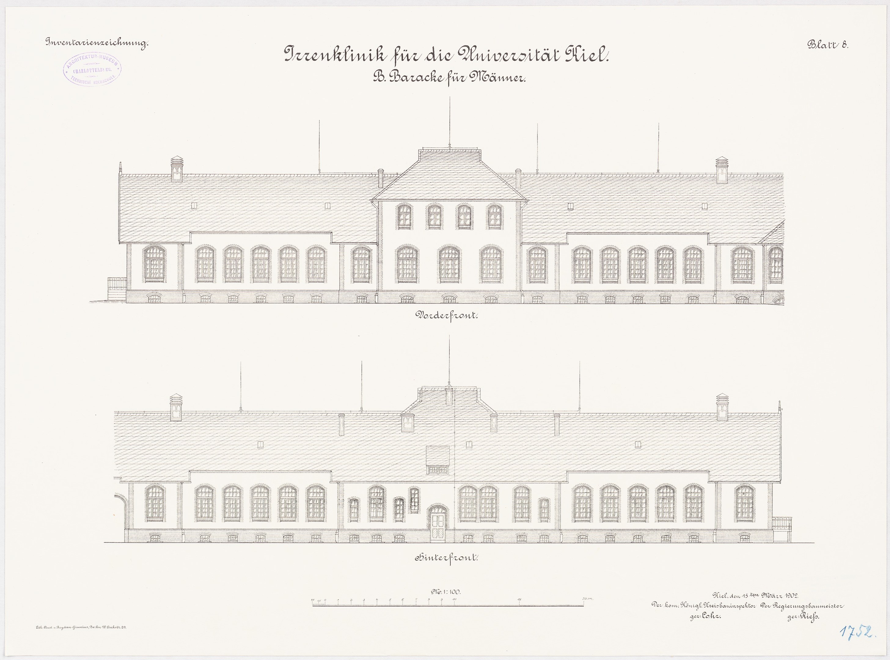 Eine Zeichnung eines großen Gebäudes mit vielen Fenstern, das als "Universität Riel" beschriftet ist, begleitet von Text auf demselben Papier.