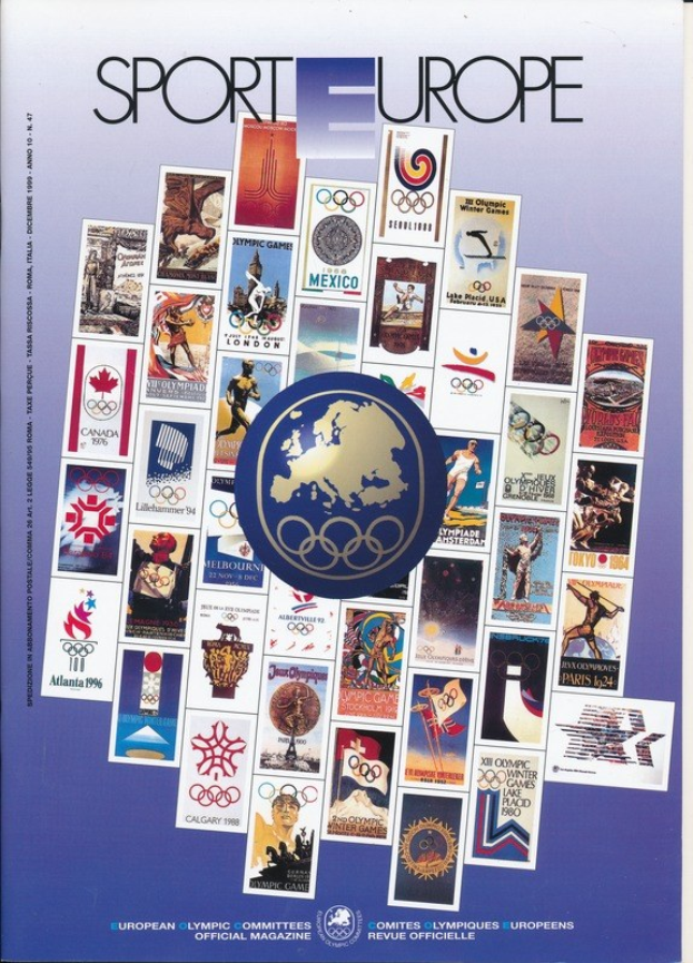 Ein Buchumschlag mit der Aufschrift "Sporting Europe", der farbenfrohe Bilder und Texte über die Olympischen Spiele in Europa zeigt, mit weißer, fetter Schrift und detaillierten Olympischen Symbolen.