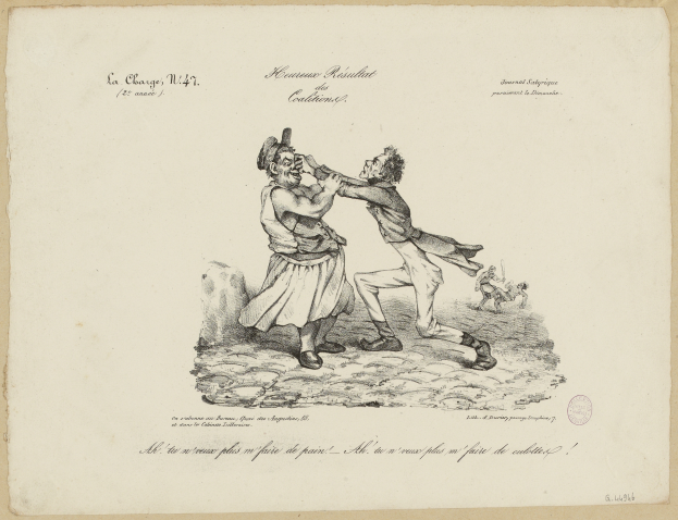 Zwei Männer sind auf einem Blatt Papier in einer körperlichen Auseinandersetzung dargestellt.