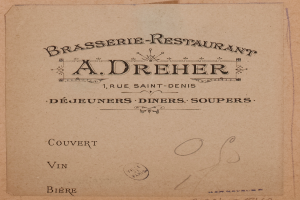 Ein altes Buch mit einer Zeichnung eines Brasserie-Restaurants und einem Text über seine Angebote.