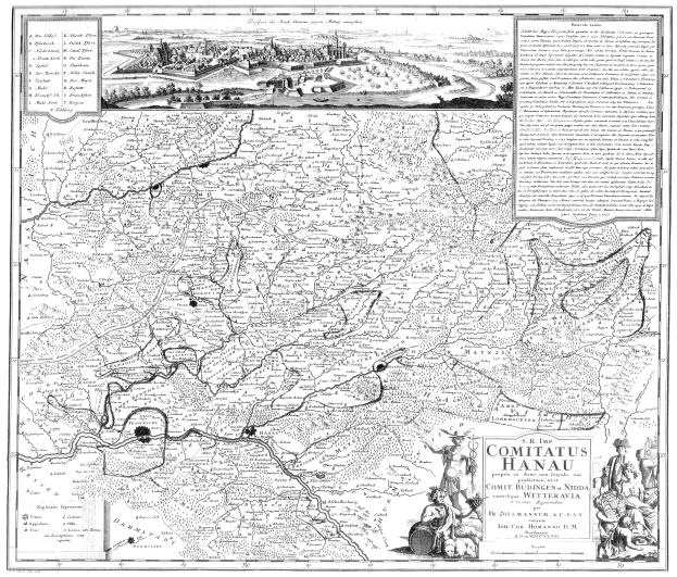 Ein Schwarz-Weiß-Plakat mit einem detaillierten Stadtplan von Comitius Hanau, einschließlich Straßen, Gebäuden und Illustrationen von Menschen.