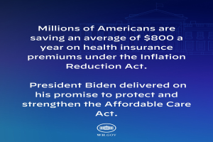 Blauer Hintergrund mit weißer Schrift, die besagt, dass Millionen von Amerikanern durchschnittlich $800 pro Jahr an den Gesundheitsversicherungsprämien unter dem Inflation Reduction Act sparen, mit einem Logo.