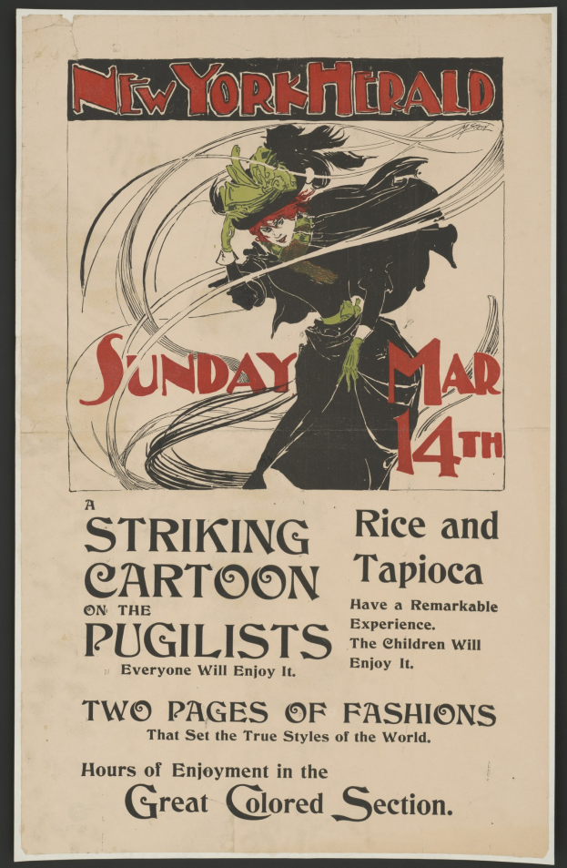 Plakat für die New York Herald Tribune am Sonntag, den 14. März, das eine Karikatur einer Frau mit menschlichem Gesicht und Textbeschreibung zeigt.