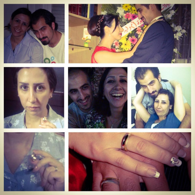 Collage eines Mannes und einer Frau mit Eheringen, umgeben von Blumen und Gegenständen.